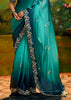 Peacock Blue Heavy Embroidered Designer Silk Saree With contrast Blouse