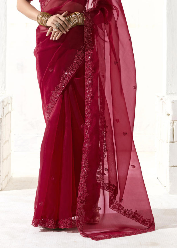 Beet Red Designer Organza Tissue Silk Saree