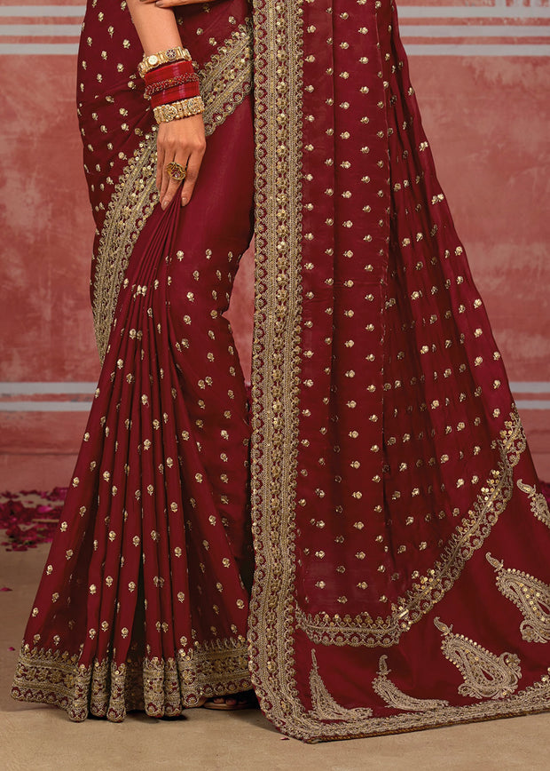 Bridal Maroon Embroidered Designer Saree