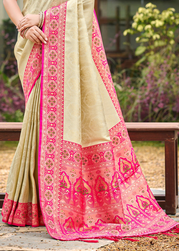 Beige Pink Woven Banarasi Silk Saree