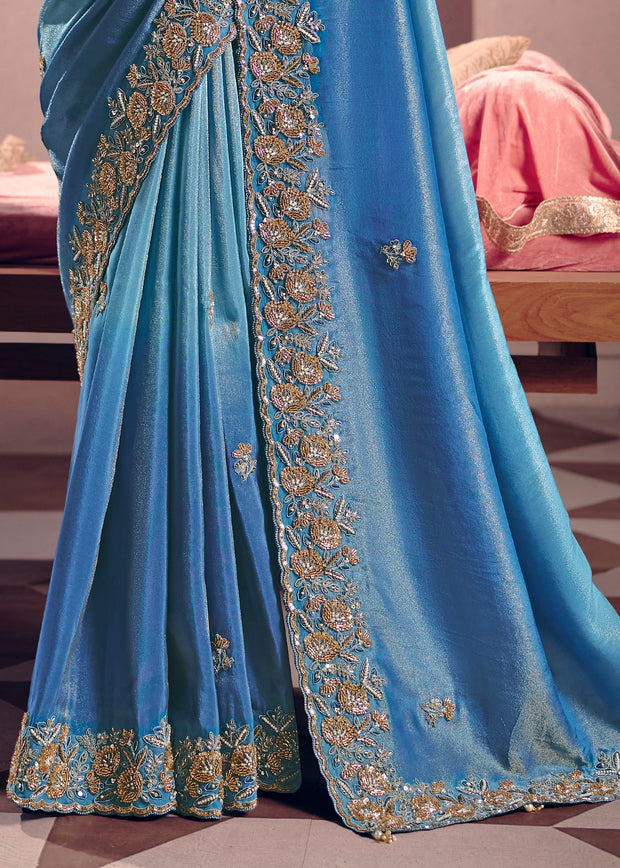 Sky Blue Embroidered Tissue Designer Saree