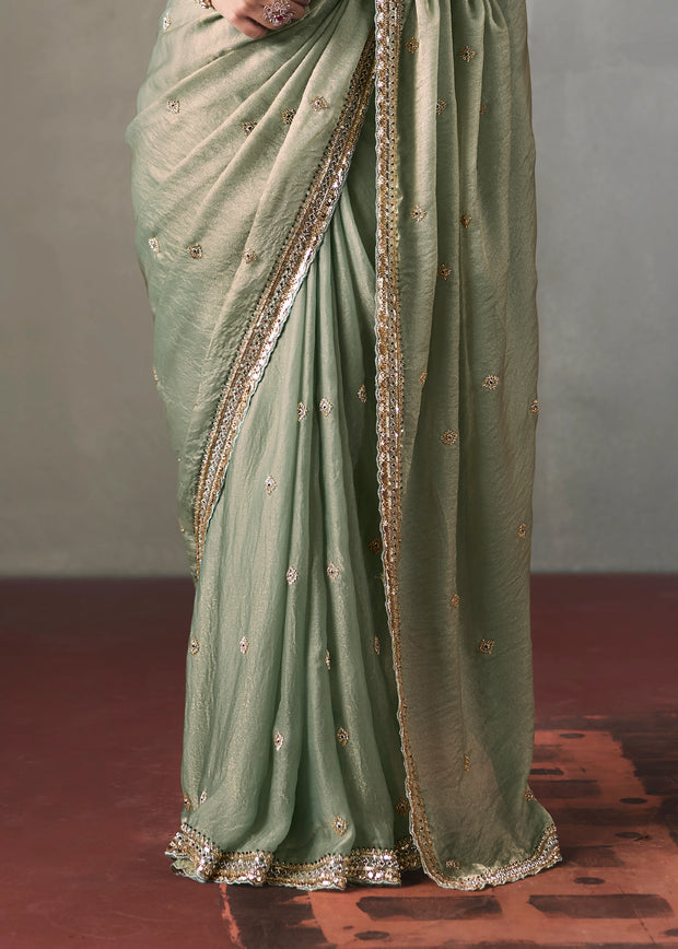Sage Green Embroidered Silk Saree With Heavy Blouse