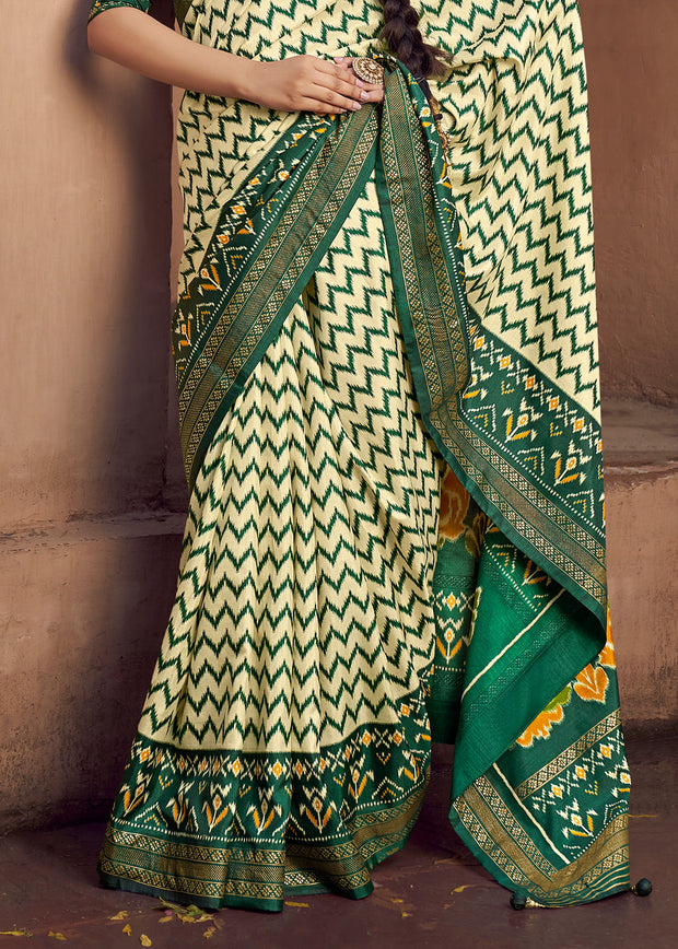 Green And Cream Printed Patola Silk Saree