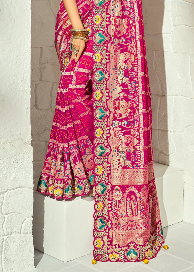 Magenta Pink Embroidered Georgette Bandhej Saree