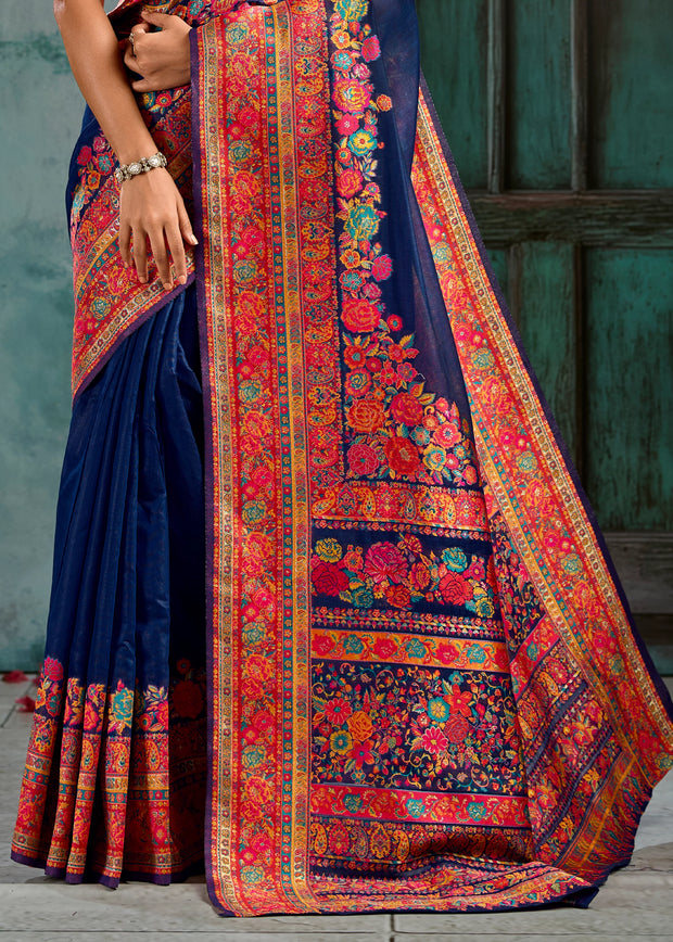 Navy Blue Woven Cotton Kashmiri Jamewar Saree