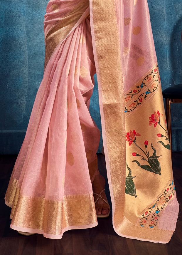 Pink Woven Paithani Tissue Silk Saree