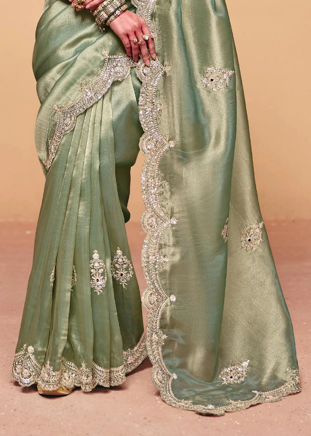 Irish Green Embroidered Designer Tissue Saree