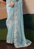 Aqua Blue Embroidered Designer Silk Saree