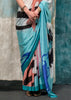 Sea Blue Satin Crepe Printed Silk Saree