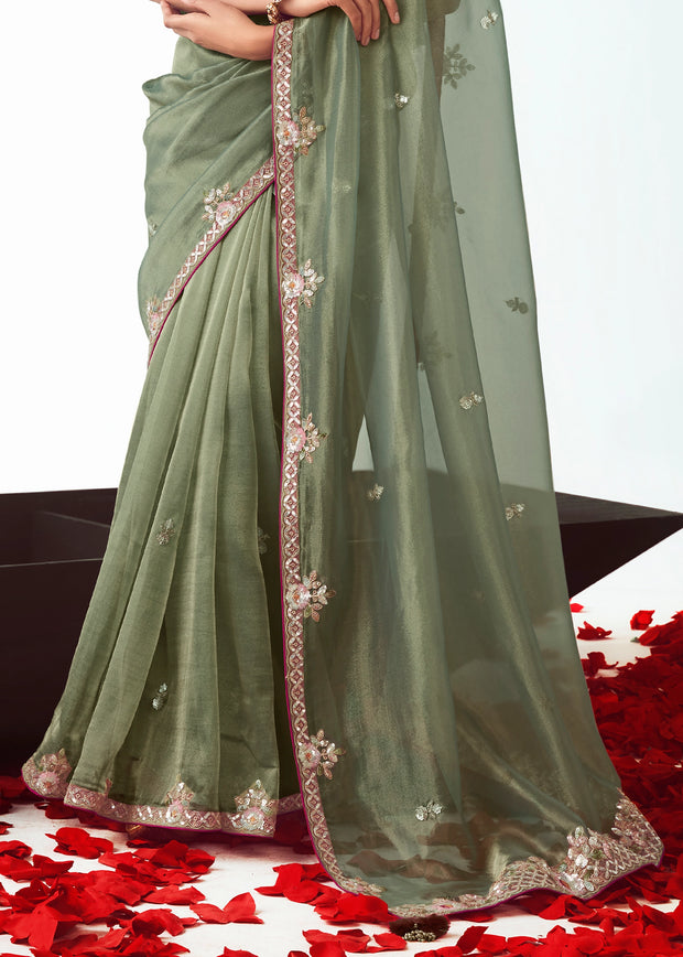Antique Green Embroidered Designer Tissue Saree