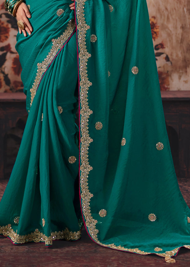 Rama Green Designer Silk Saree With Embroidered Blouse