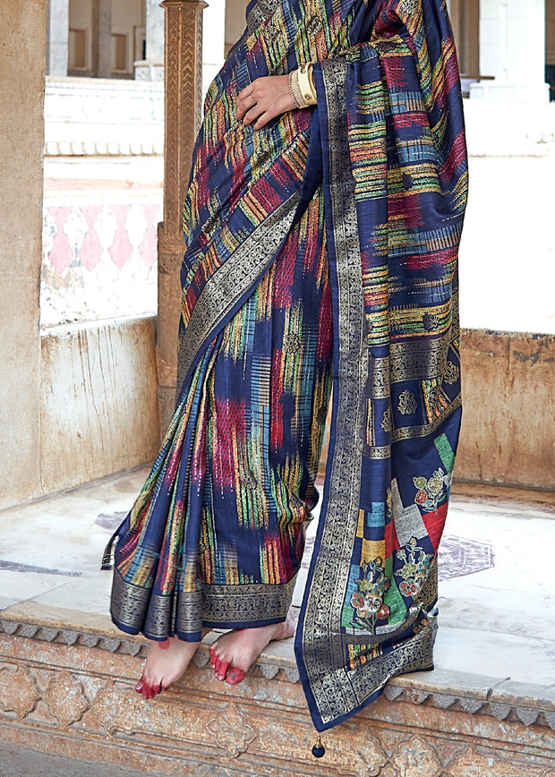 Navy Blue Printed Soft Silk Saree