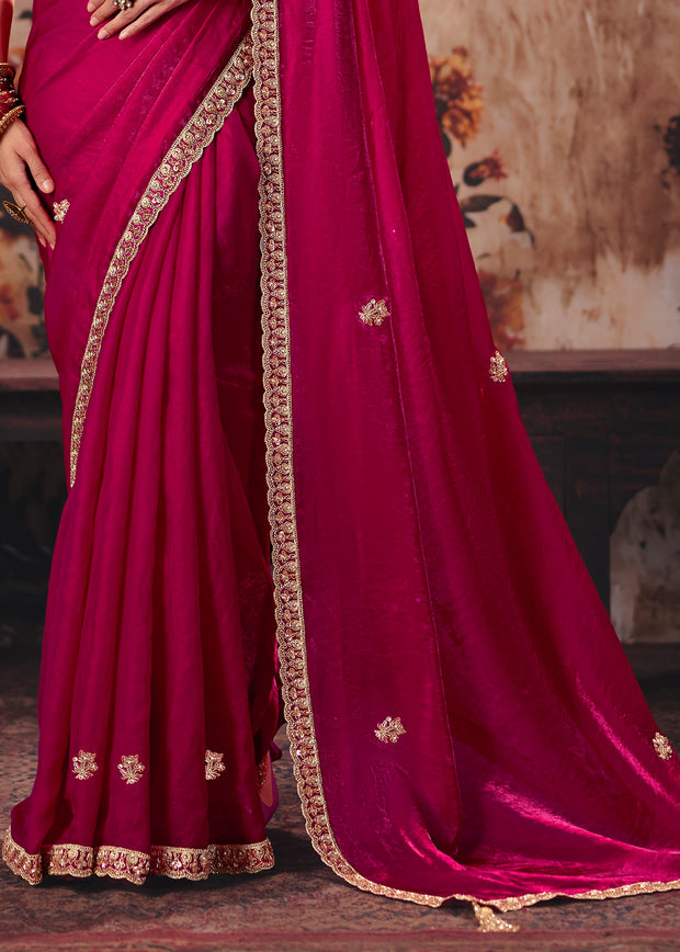 Magenta Pink Designer Satin Silk Saree With Embroidered Blouse