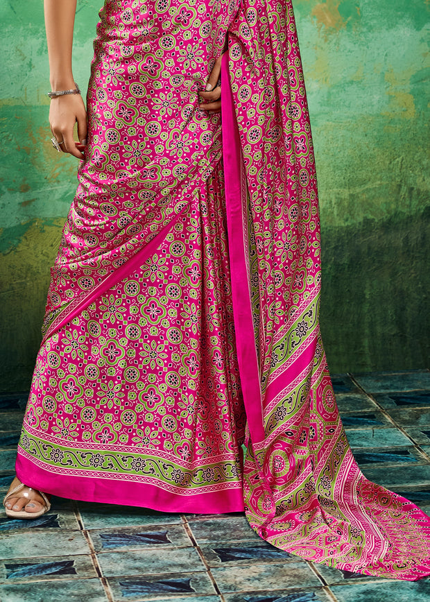 Pink Printed Satin Silk Saree