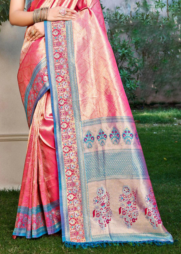 Pink & Blue Woven Kanjivaram Silk Saree