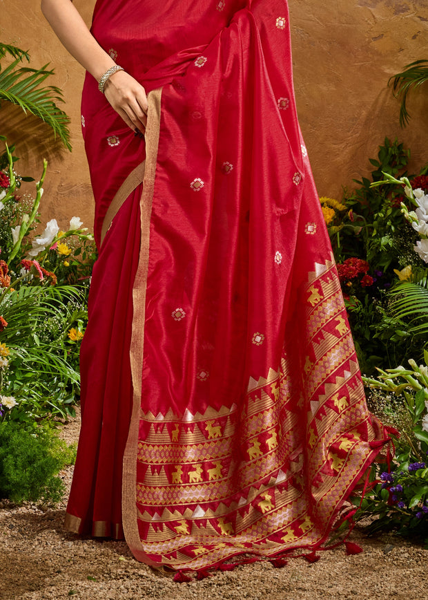 Ruby Red Woven Banarasi Silk Saree