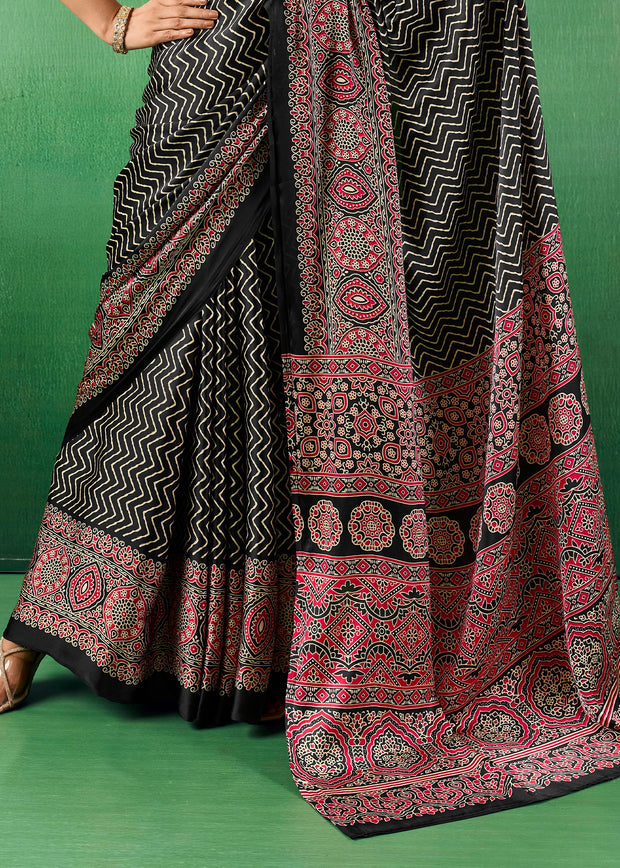 Phantom Black Printed Satin Silk Saree