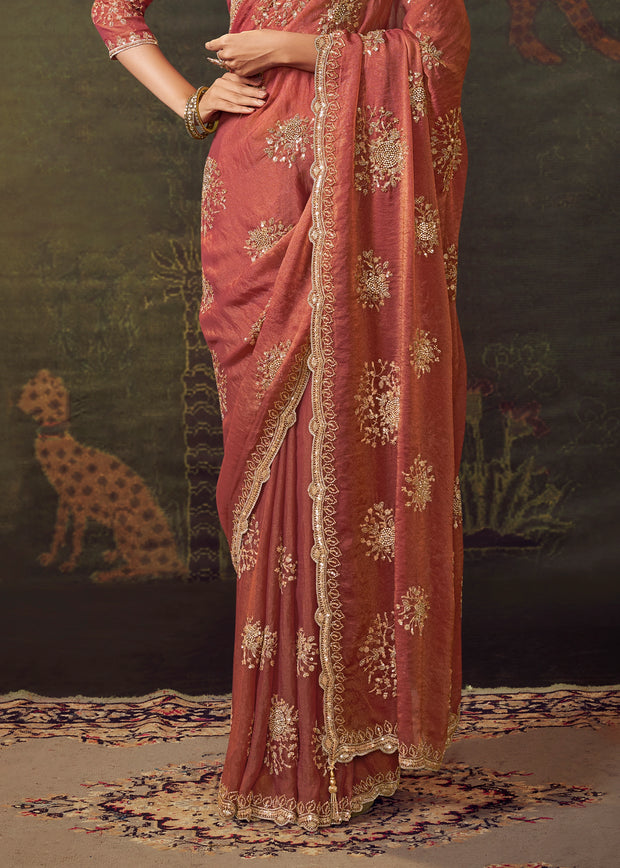 Earth Red Designer Tissue Silk Saree
