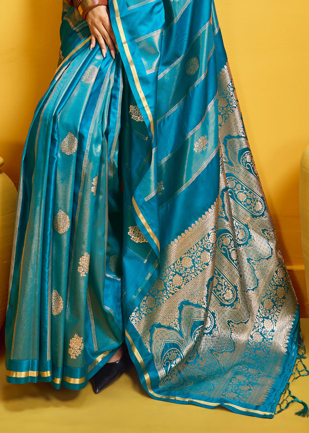 Vivid Blue Woven Banarasi Satin Silk Saree