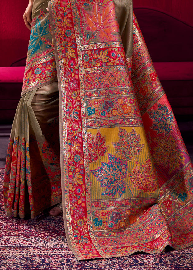 Grey Green Woven Cotton Kashmiri Jamewar Saree