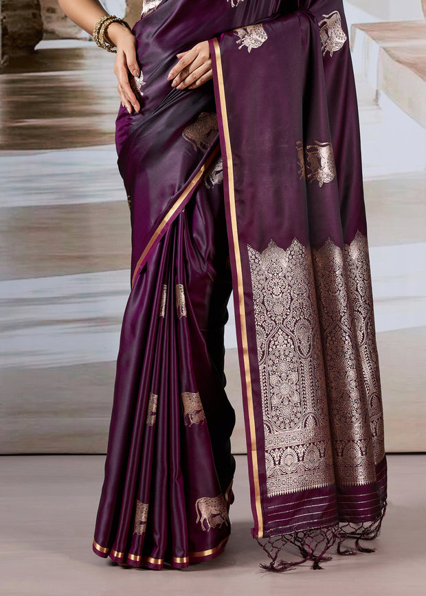 Wine Purple Banarasi Satin Silk Saree