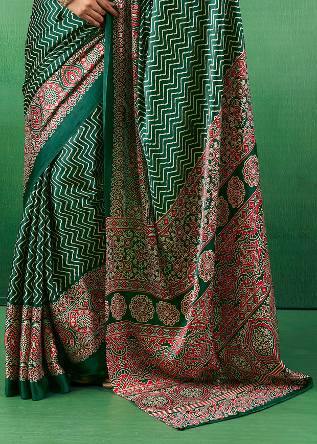 Hunter Green Printed Satin Silk Saree