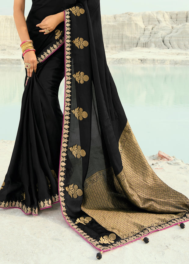 Black Woven Banarasi Embroidered Organza Satin Silk Saree