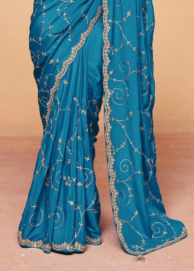 Heritage Blue Embroidered Designer Tissue Saree