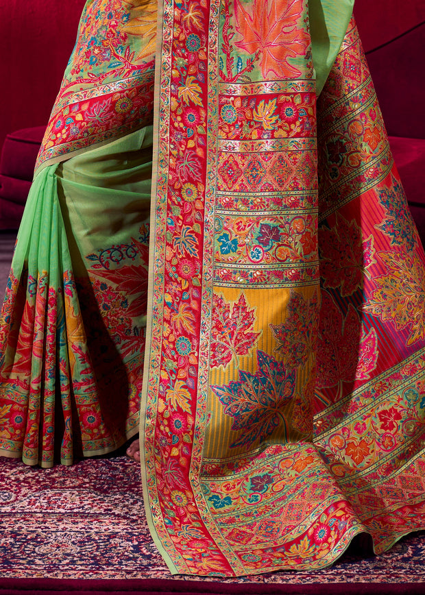 Jasmine Green Woven Cotton Kashmiri Jamewar Saree