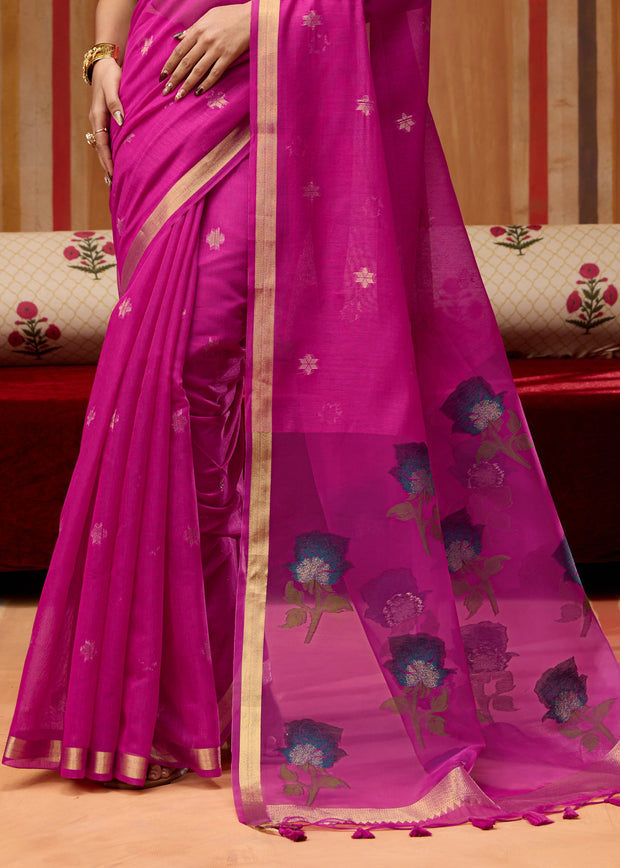 Rani Pink Woven Cotton Organza Saree