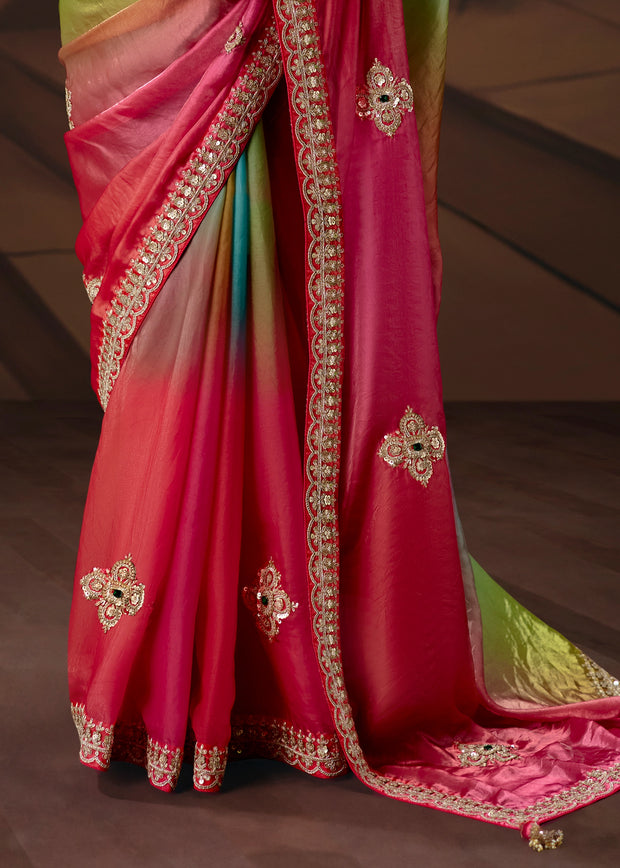 Green Pink Ombre Embroidered Designer Saree