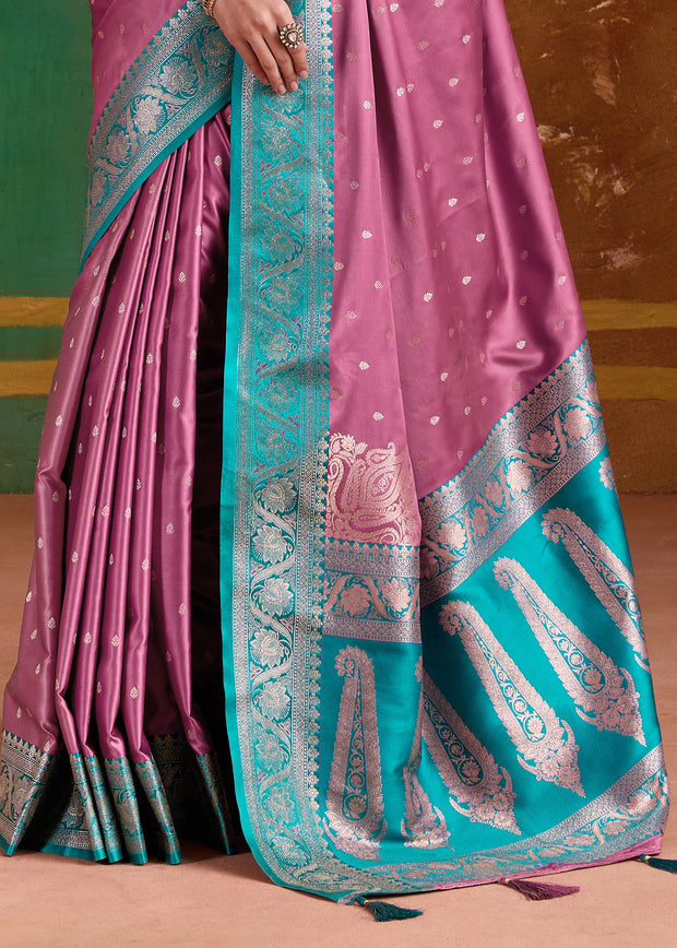Lilac Pink Banarasi Satin Silk Saree