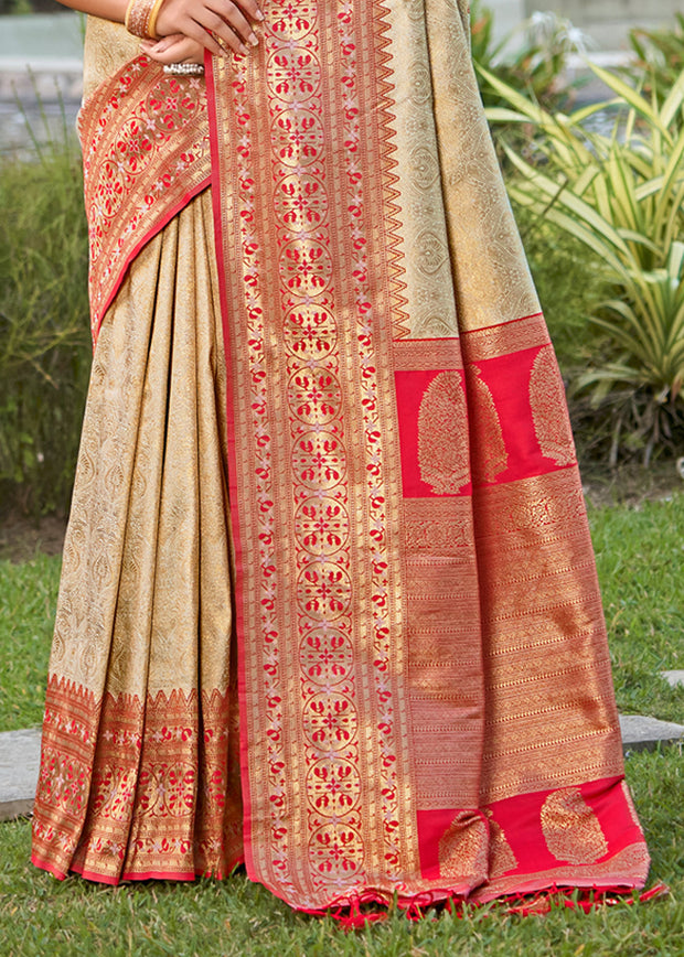 Gold Beige Woven Banarasi Silk Saree