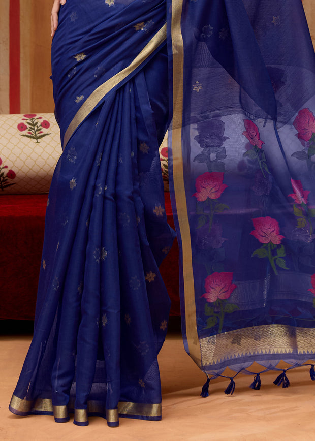 Navy Blue Woven Cotton Organza Saree