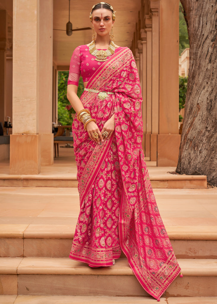 Buy Silk Land Women Kalamkari Printed Soft Silk Saree with Unstitched  Blouse - Pink online