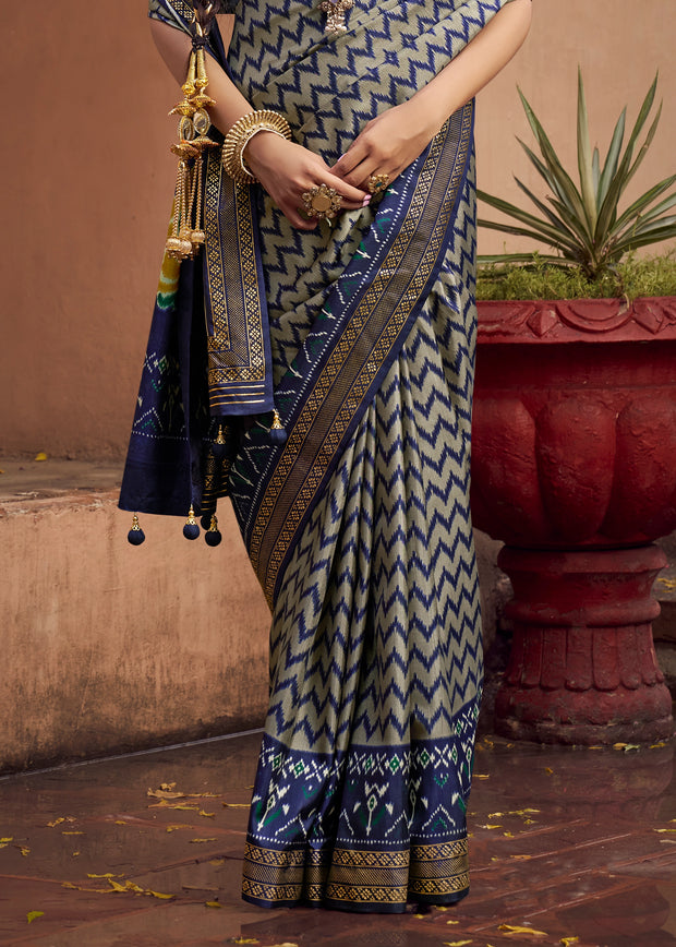 Twilight Blue Printed Patola Silk Saree