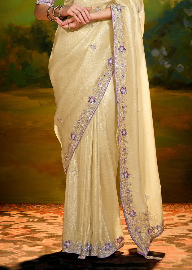 Cream Beige Heavy Embroidered Designer Silk Saree With contrast Blouse