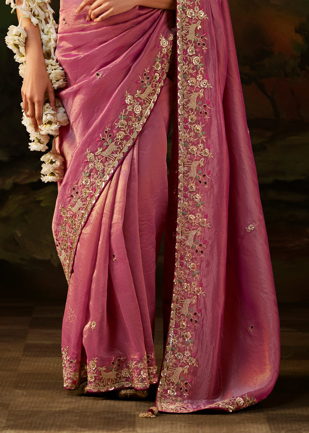 Dusty Rose Embroidered Tissue Saree