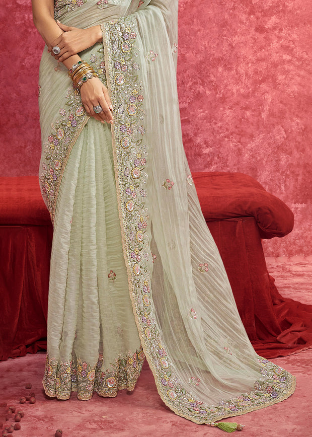 Pista Green Embroidered Designer Saree