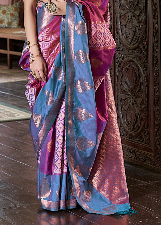 Majestic Magenta & Blue Dual Tone Bronze Zari Woven Banarasi Silk Saree