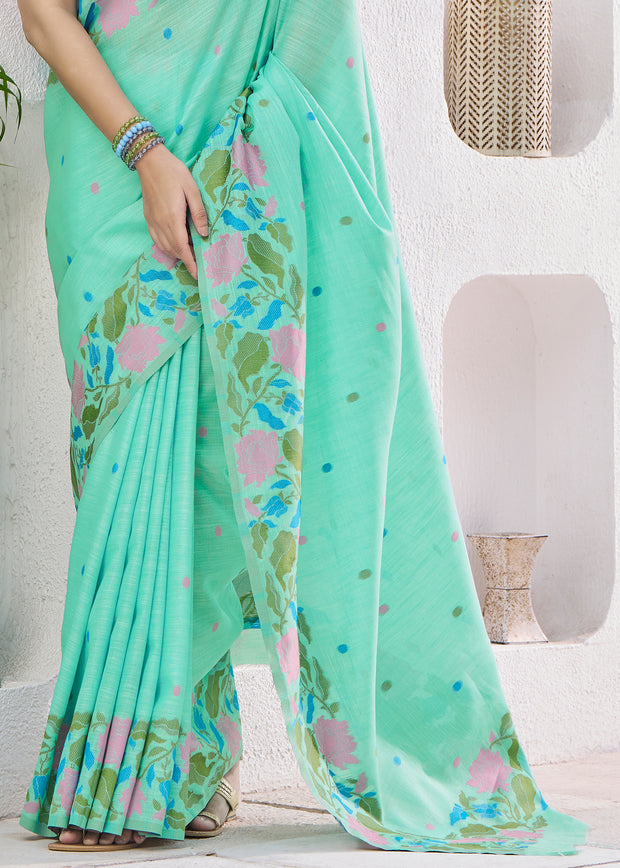 Sea Green Woven Linen Silk Saree