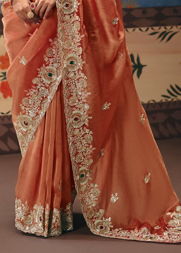 Rust Orange Embroidered Designer Saree