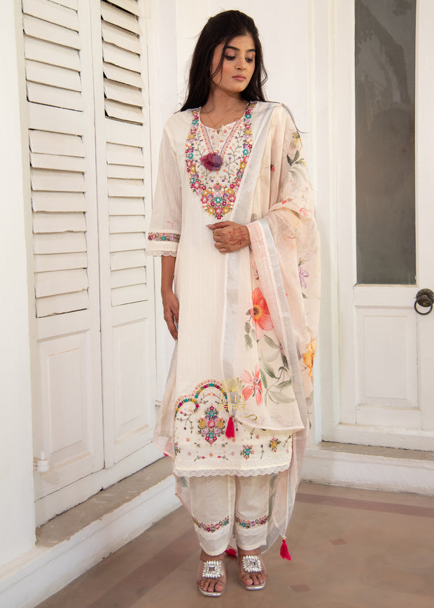 Off White Embroidered Silk Suit Set (10702893121729)
