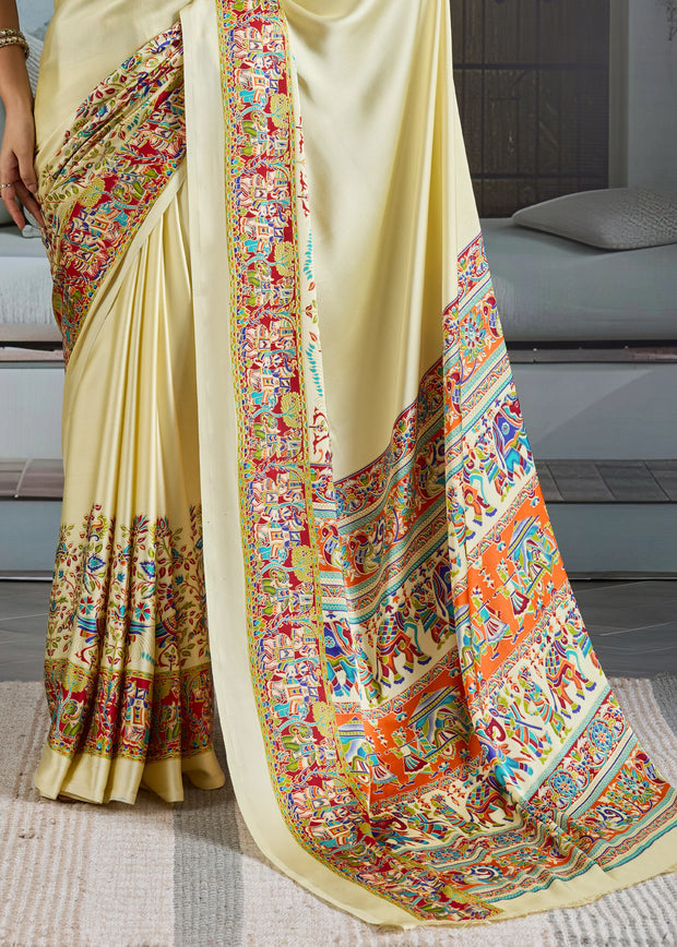 Cream Printed Satin Silk Saree