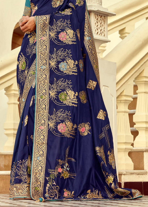 Royal Blue Woven Banarasi Designer Silk Saree With Contrast Blouse