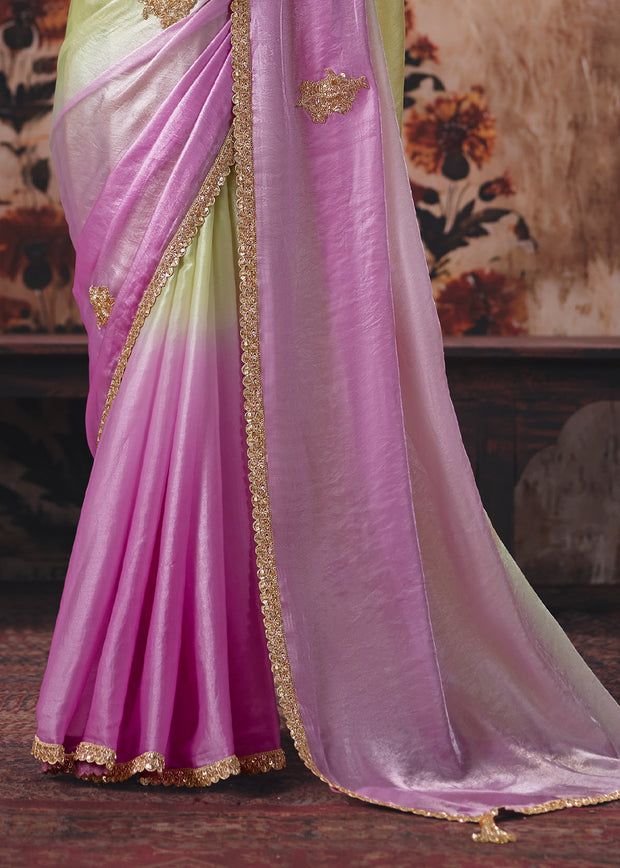 Green And Pink Ombre Designer Satin Silk Saree With Embroidered Blouse