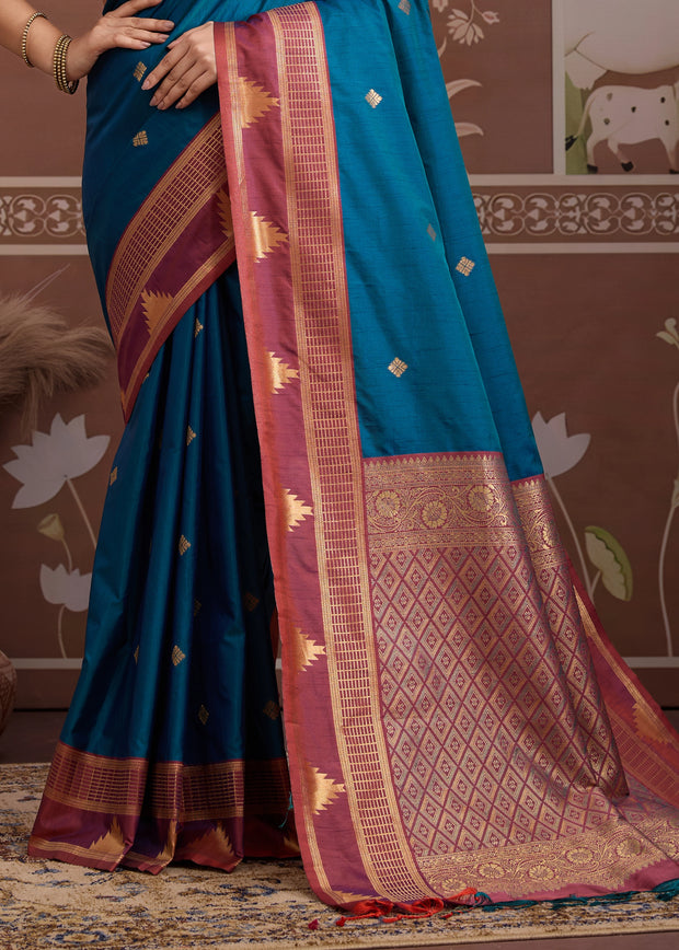 Coral Blue Woven Tussar Silk Saree