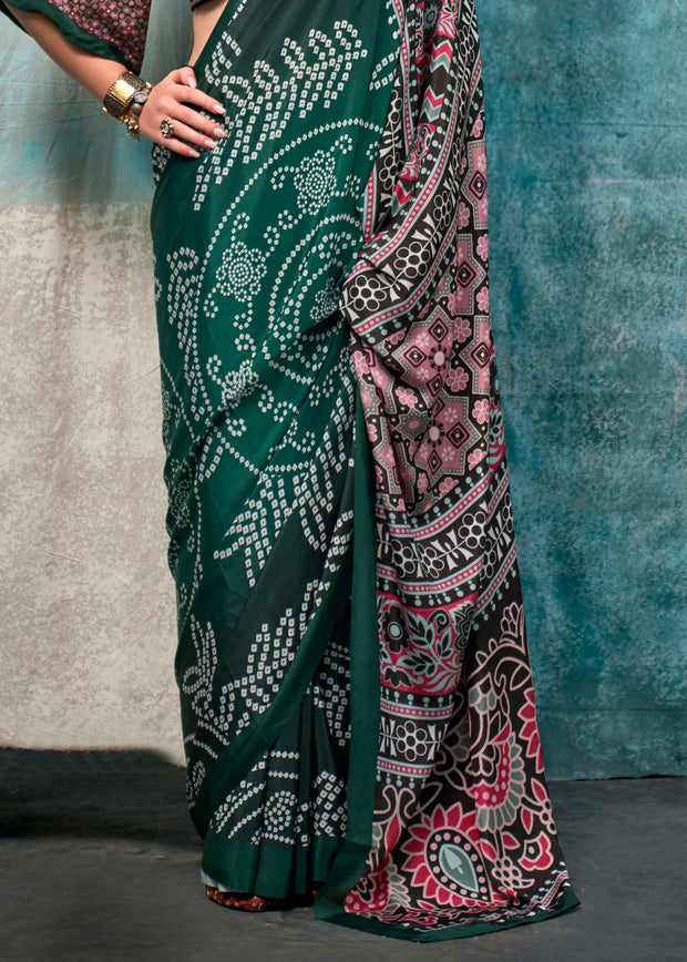 Hunter Green Satin Crepe Printed Silk Saree
