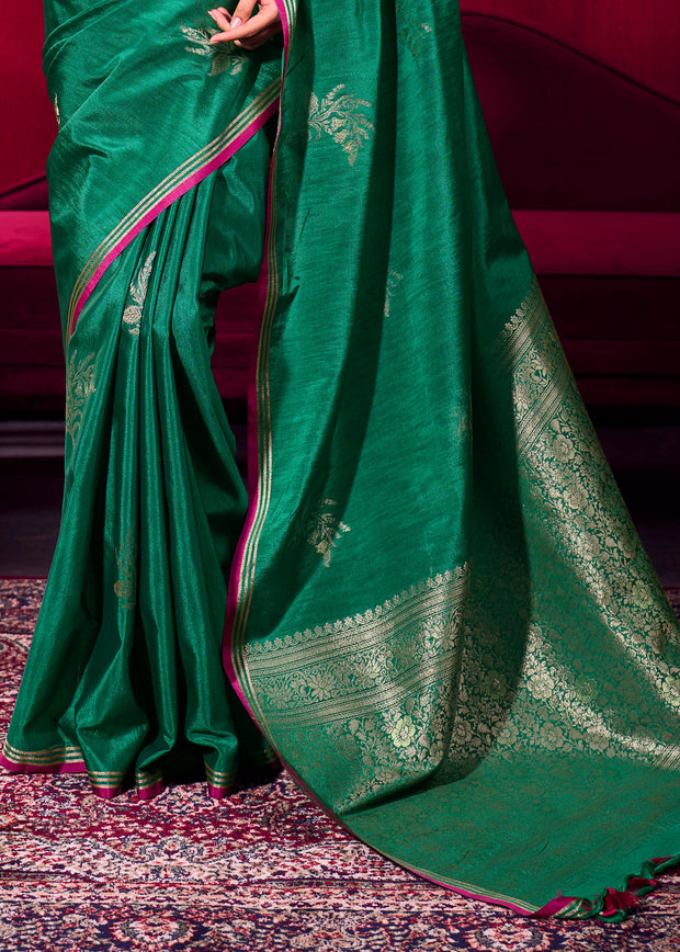 Forast Green Woven Banarasi Satin Linen Silk Saree