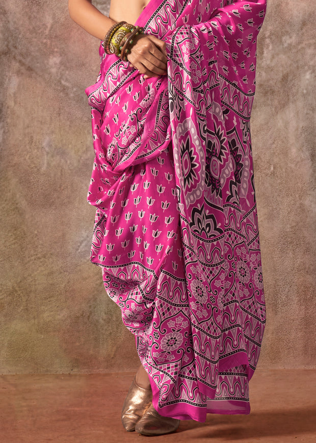 Hot Pink Printed Crepe Satin Silk Saree